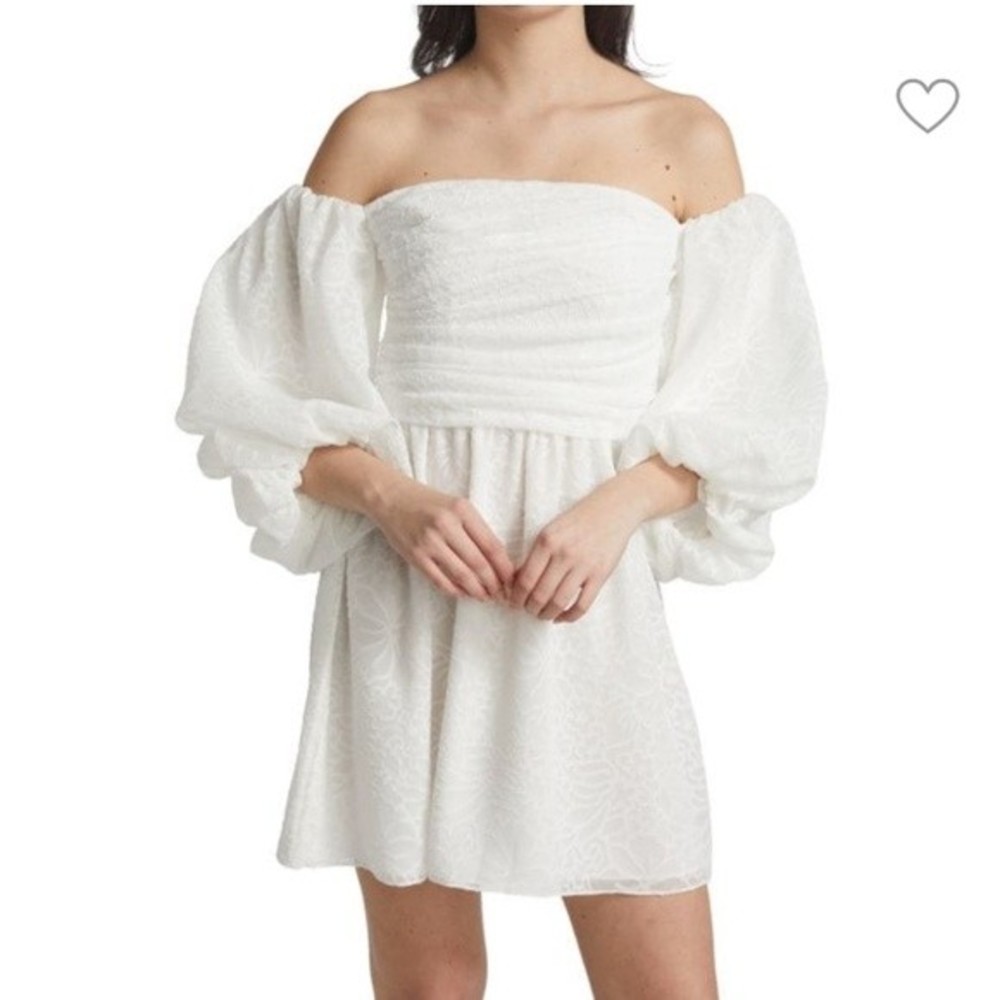 TANYA TAYLOR Josette White Puff Sleeve Mini Dress back zip off the shoulder 10